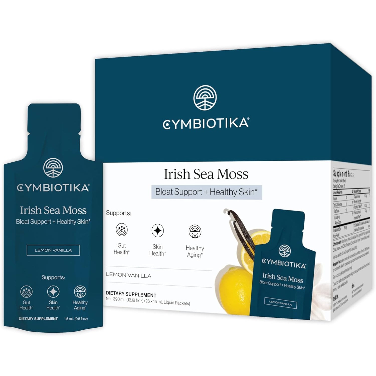 CYMBIOTIKA Irish Sea Moss Supplement, Organic Wildcrafted Sea Moss with Aloe Vera, Fulvic Minerals, Postbiotics, Gut, Immune, Skin Support, Liquid Travel Packet, 26 Servings (Single Pack)