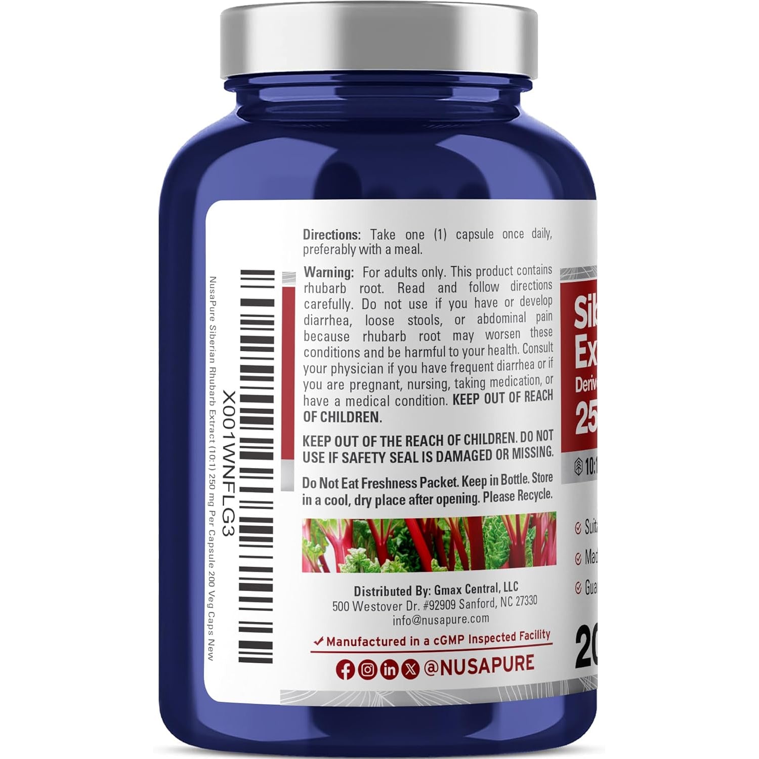 Nusapure Siberian Rhubarb, 250 Mg, 200 Veg Capsules (Non-Gmo, Vegan)