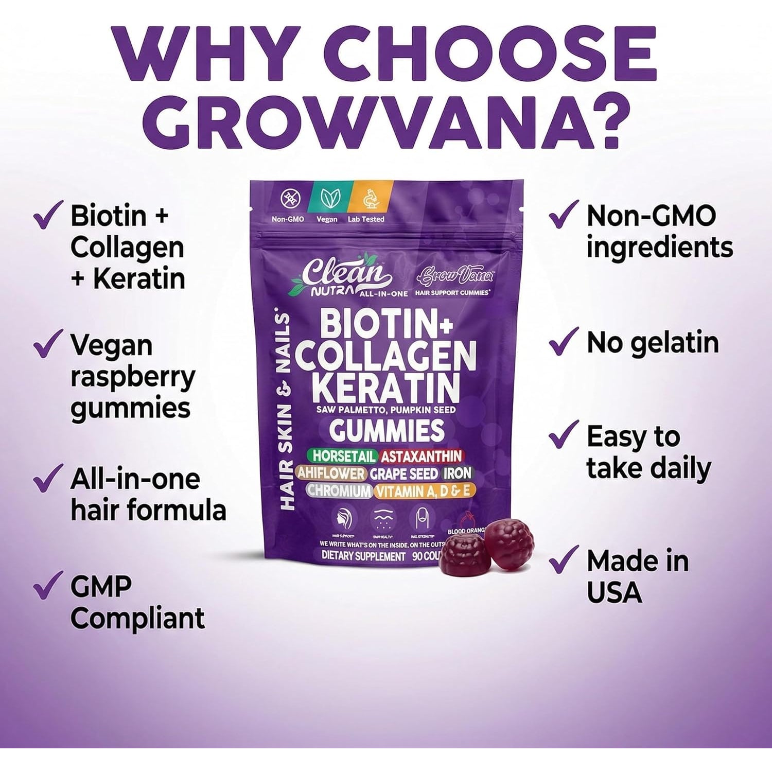 Growvana Hair Growth Gummies for Women Biotin Collagen Keratin Saw Palmetto Horsetail Astaxanthin Iron Zinc Pantothenic Acid Vitamin a D E Pumpkin Seed Ahiflower MSM Supplement by Clean Nutra 90 Count