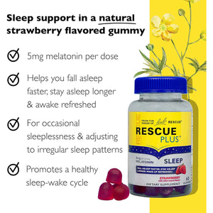 Bach RESCUE plus Melatonin Sleep Gummies, Natural Strawberry Flavor, Sleep Aid, Dietary Supplement, Vegan, Gluten-Free, No Artificial Flavors, Colors, 60 Count