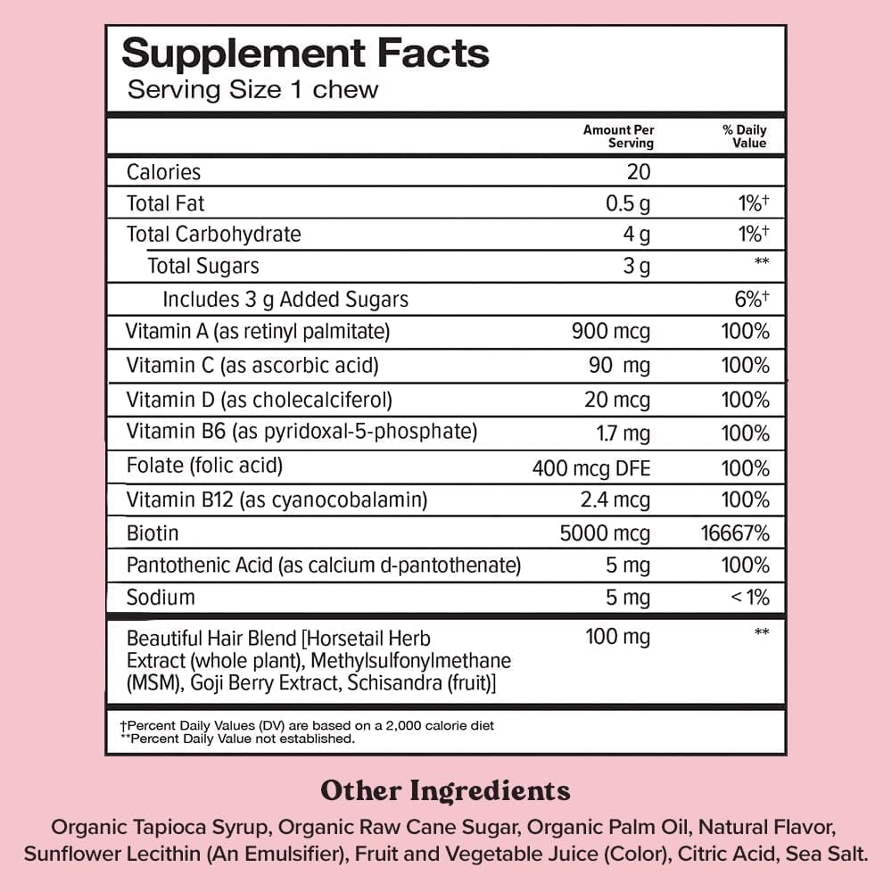 Chewsy - Beautiful Hair - Support for Stronger, Healthy Hair - with Biotin, Horsetail Extract, Goji Berry & Vitamins - Sweet Raspberry, 30-Day Supply