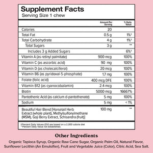 Chewsy - Beautiful Hair - Support for Stronger, Healthy Hair - with Biotin, Horsetail Extract, Goji Berry & Vitamins - Sweet Raspberry, 30-Day Supply