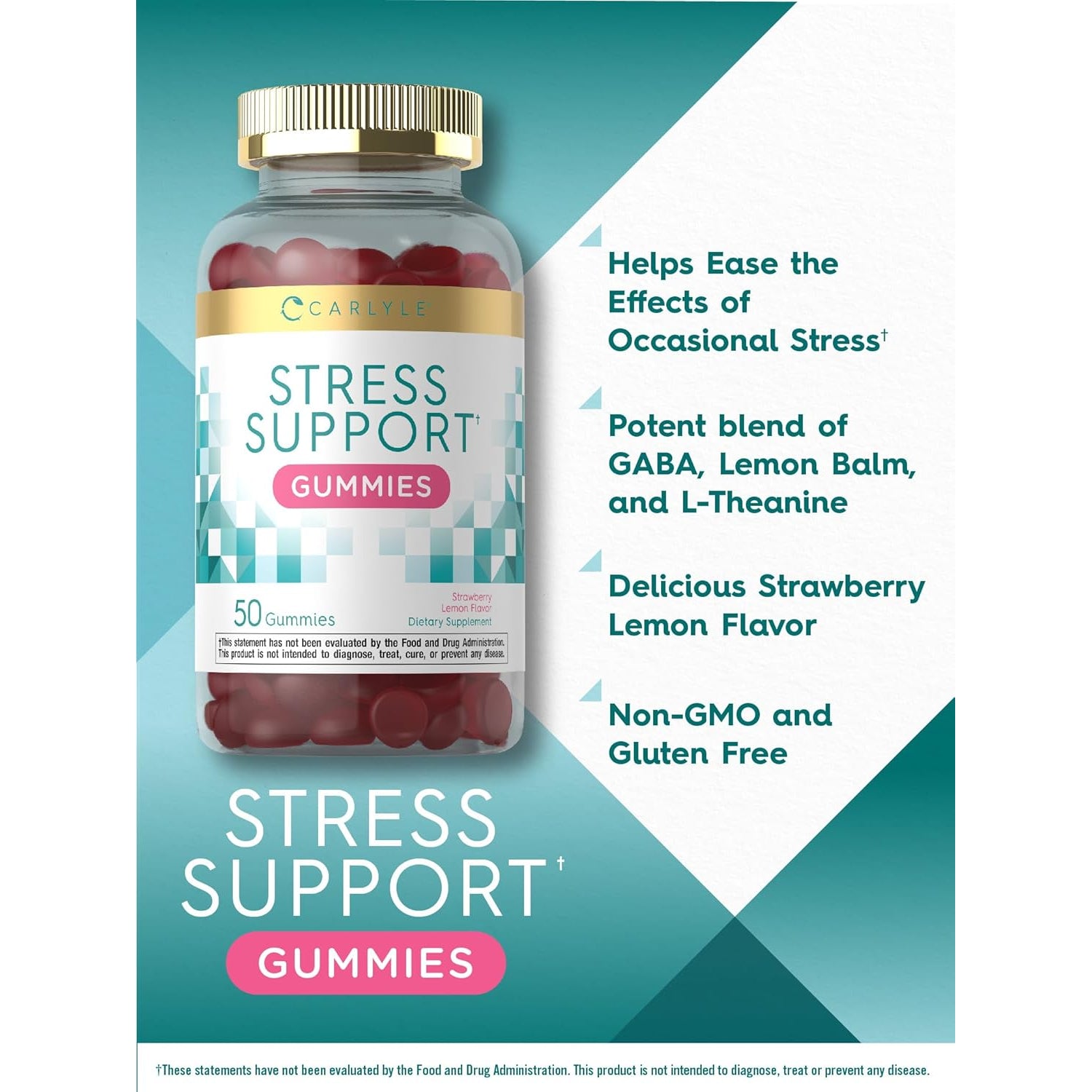 Carlyle Stress Support Supplement Gummies | 50 Count | for Women and Men | with GABA and L-Theanine | Strawberry Lemon Flavor | Non-Gmo & Gluten Free