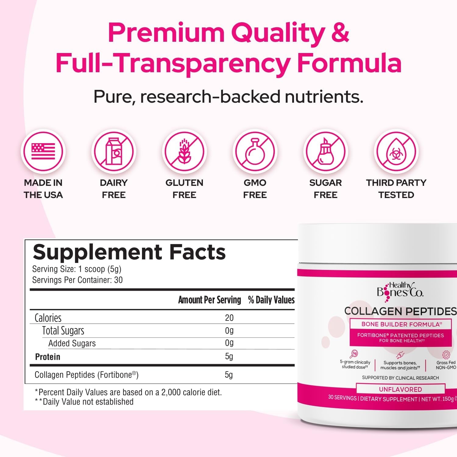 FORTIBONE Collagen Peptides Essential Bone Builder Hydrolyzed Collagen Powder for Women & Men, Clinically-Supported for Bone Strength & Density, Gluten Free & Dairy Free - Unflavored (30 Servings)
