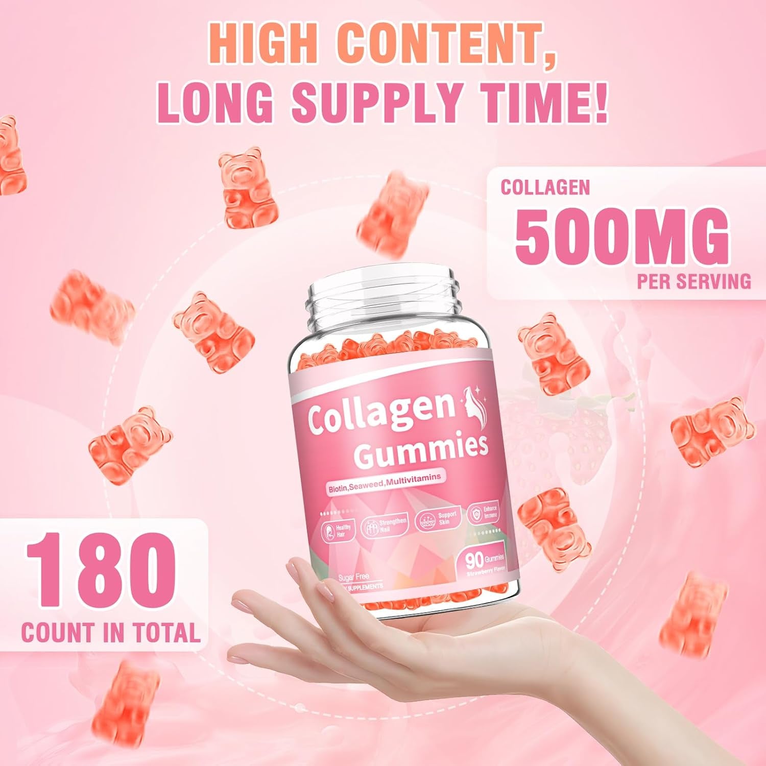 180 Count Collagen Gummies Collagen Protein Type I II III V X with Biotin Vitamin C a B D E Keratin Hyaluronic Acid for Hair Skin Nails Joint Immune Digestion Women Men Sugar Free Strawberry