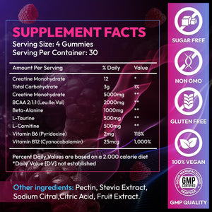Creatine Gummies Monohydrate Complex, Pre-Workout for Men & Women, Creatine Gummy with L-Taurine, BCAA 2:1, B12/6 for Muscle Support, Enhance Strength, Energy Boost-120 Count