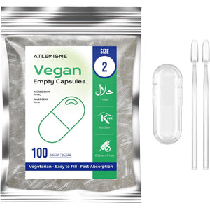 Empty Vegan Capsules Size 2 - Empty (100 Count) DIY Filling - Veggie Capsules with 2 Micro Lab Spoons for Filling