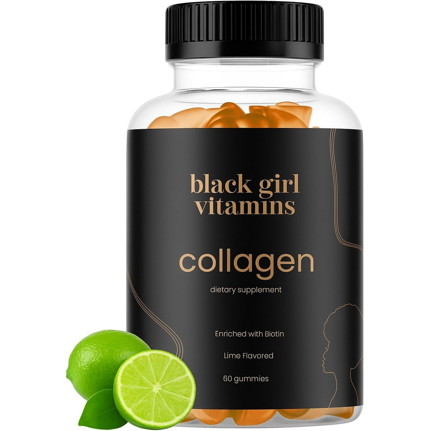 Black Girl Vitamins - Collagen Gummies for Hair, Skin, and Nail Support, with Vitamin C, Vitamin E, and Biotin, Gluten-Free, (Lime), 60Ct