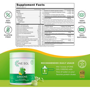 One Sol Greens, Super Greens Powder to Reduce Bloating & Improve Gut Health, Superfood Fresh Bloom Organic Greens Blend Juice & Smoothie Mix, Pre & Probiotic with Digestive Enzymes, Vegan & Soy Free