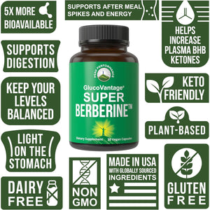Dihydroberberine Super Berberine Supplement - Glucovantage® 200Mg Now 5X More Effective than Regular Berberine HCL Powder Capsules. Metabolism Support Keto Friendly plus Vegan Extract Pills