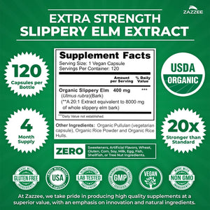 Zazzee USDA Organic Slippery Elm Bark 20:1 Extract, 120 Vegan Capsules, 4 Month Supply, Ulmus Rubra, Digestive, Throat & Mucosal Support, Herbal Supplement, All-Natural, Non-Gmo, Made in the USA