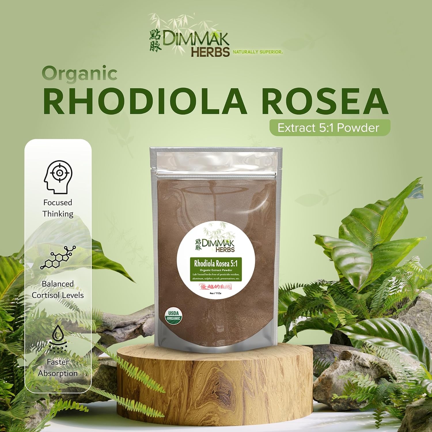 Dimmak Herbs Organic Rhodiola Rosea Extract 5:1 Powder (High Potency Adaptogen)- TCM Doctor Formulated 100% Golden Root for Energy, Focus & Cortisol Support- Non-Gmo, Extra Strength Concentrate (4Oz)