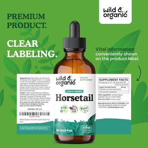 Wild & Organic Horsetail Herb Tincture - Hair Skin and Nails Support - Liquid Horsetail Supplement - Vegan, Sugar & Alcohol-Free Leaf Extract Drops - 4 Fl Oz