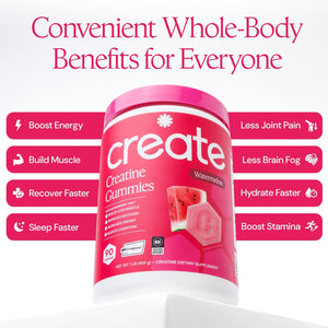 Create Creatine Monohydrate Gummies for Men & Women, Boost Focus, Strength, and Endurance, Anti-Melting Formula, Vegan, Gluten-Free, Non-Gmo, 1.5G of Creatine per Gummy (Watermelon)