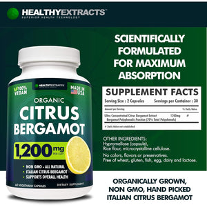 Citrus Bergamot Supplement – 150:1 Extract, 1200Mg per Serving, 70% Polyphenols, Italian Sourced, 60 Count, 1 Month Supply, Made in the USA
