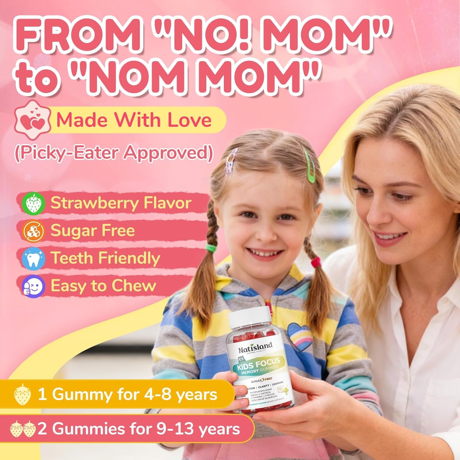 Focus Gummies for Kids, Brain Supplements with Phosphatidylserine, Omega-3 & Saffron, for Kids Memory, Focus & Attention Support, Sugar Free, Vegan, Strawberry Flavor, 60 Chewable