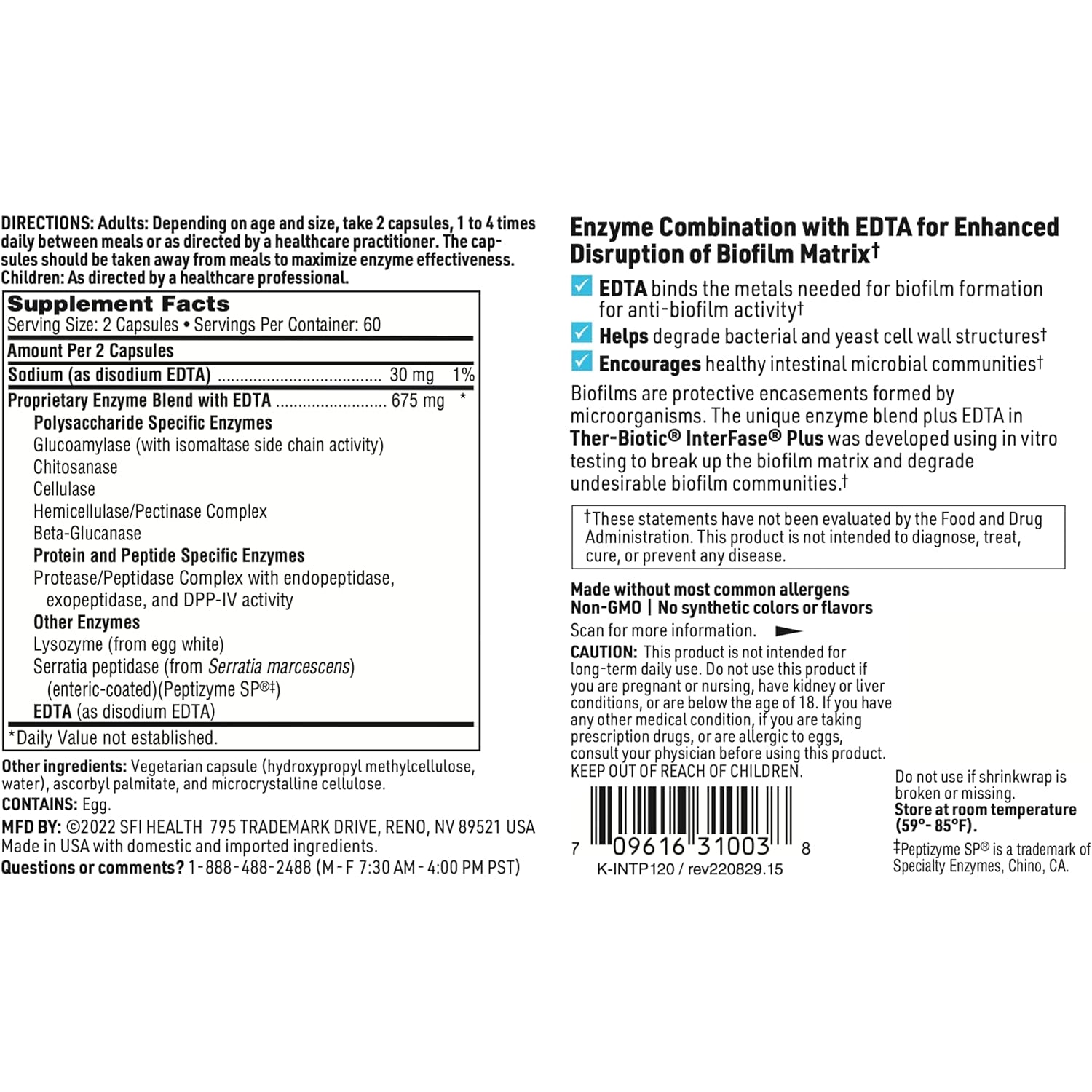 SFI Health Klaire Labs Ther-Biotic Interfase plus - anti Biofilm Enzymes with EDTA to Support Gut Flora, Toxin Cleanse & Full Body Detox - Promote Biofilm Matrix Disruption (120 Capsules)