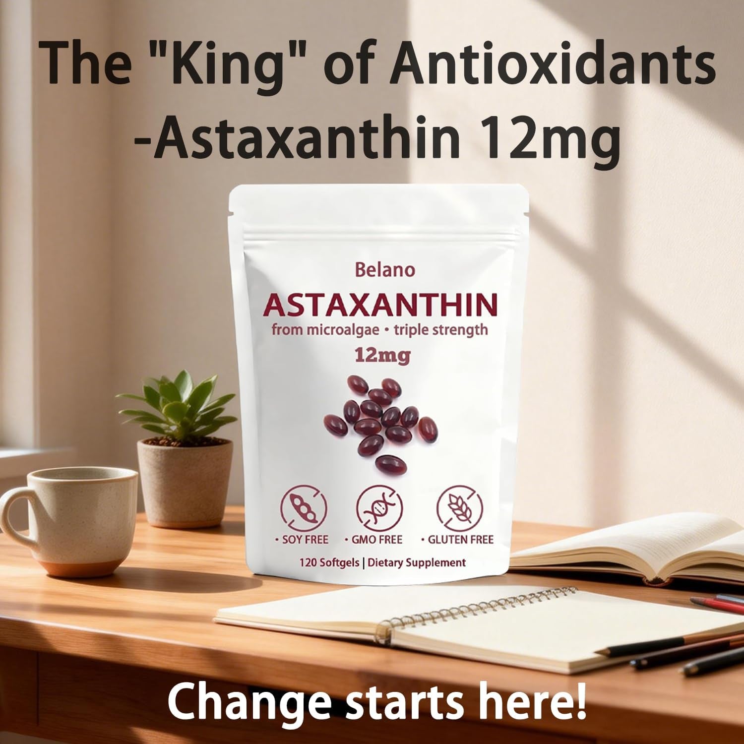 BELANO Valasta Astaxanthin，Zeria Astaxanthin12Mg，Easy to Swallow, Non-Gmo，4-Month Supply，120 Softgels