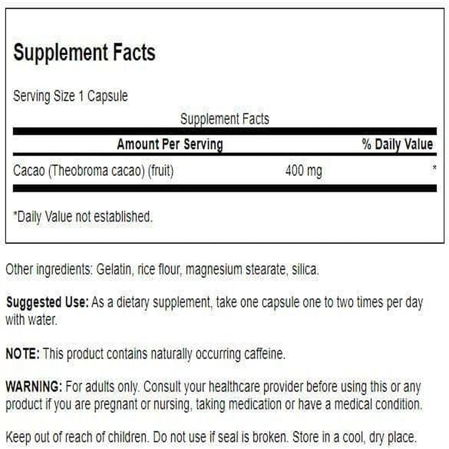 Swanson Full Spectrum Cacao (Raw Cocoa) - Herbal Supplement Promoting Mild Energy Support - Traditional Whole Fruit Formula - (60 Capsules, 400Mg Each)
