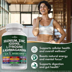NEW AGE Selenium, Zinc, Iodine, L Tyrosine, Ashwagandha - Supplement for Women and Men with Bladderwrack, Turmeric, Silica Kelp, Schisandra - 120 Count