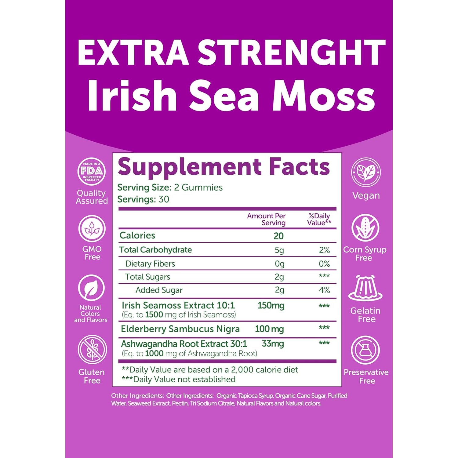 Lunakai USA Made Irish Sea Moss Gummies with Ashwagandha & Elderberry – Delicious Daily Immune & Stress Support Supplement for Men & Women, 60Ct