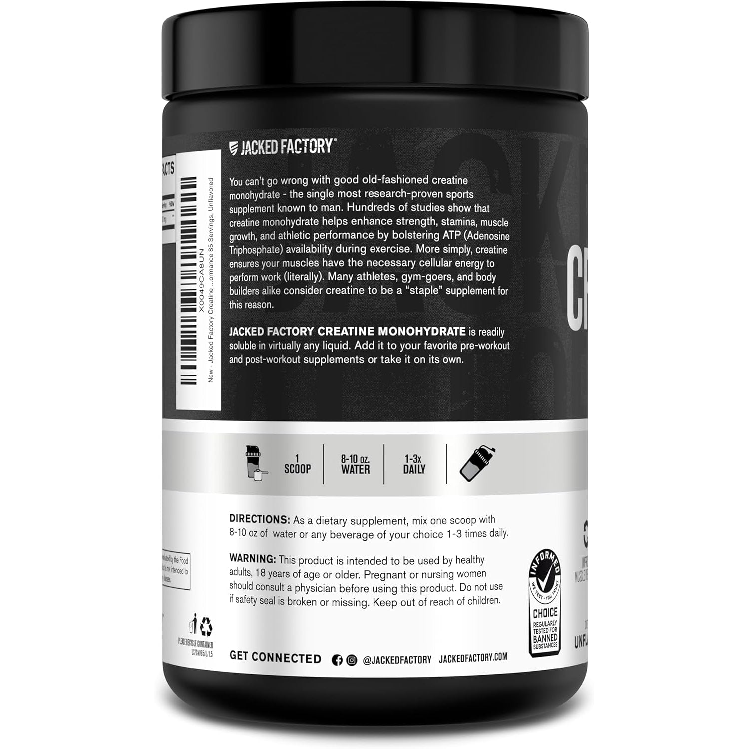 Jacked Factory Creatine Monohydrate Powder 425G - 5G Daily Creatine Supplement for Men and Women, Vegan-Friendly, Third-Party Tested - 85 Servings, Unflavored