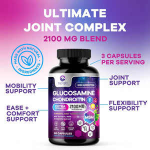 Glucosamine Chondroitin, MSM & Turmeric - Extra Strength Joint Support Supplement with 1500Mg Glucosamine Sulfate per Serving - for Cartilage, Joint Health & Flexibility - Bottled USA - 60 Capsules