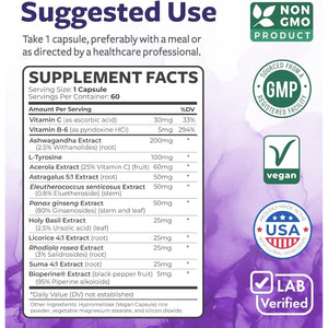 Adrenal System Support & Cortisol Manager (2 Month Supply) Powerful Ashwagandha & L-Tyrosine Fatigue Supplement - Maintain Balanced Cortisol Levels, Health, & Stress Relief - Non-Gmo - 60 Capsules