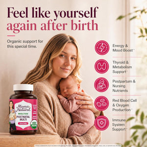 Mama Natural Organic Postnatal Vitamins for Women | One a Day Whole Food Postnatal Multivitamin for Breastfeeding & Postpartum Support | Non-Gmo with Iron, Iodine & Moringa | 30 Servings