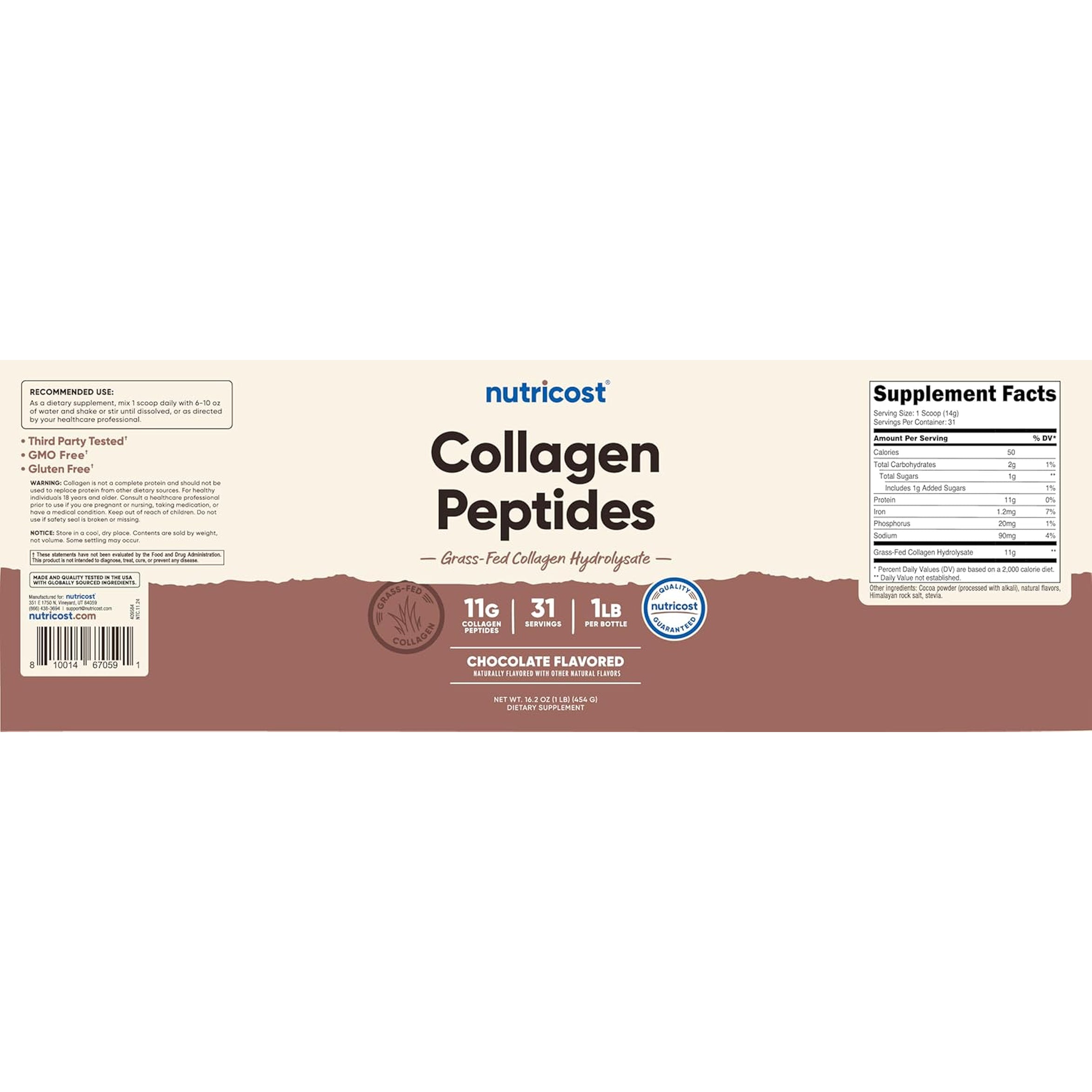 Nutricost Collagen Peptides Powder 1LB (454 G) (Chocolate) - Grass Fed Bovine Collagen Hydrolysate