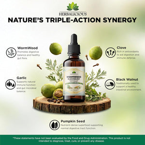 HEBRALICIOUS Wormwood Black Walnut Clove Parasite Cleanse – Herbal Liquid Drops with Pumpkin Seed, Garlic & Oregano Oil – Alcohol-Free Tincture Supplement, 4 Fl Oz (120 Ml)