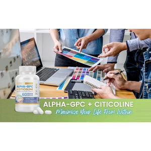Alpha GPC + Citicoline 60 Ct, 1600Mg Concentrated Formula- 99%+Highly Purified & Bioavailable Nootropic-Cognitive Enhancer, Supports Memory, Brain Function, Boosts Focus, Mood & Energy