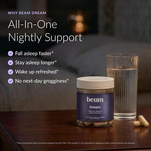 Beam Dream Sleep Capsules, L-Theanine, Apigenin, Reishi and Magnesium, Third Party Tested Natural Sleep Aid & Sleep Supplement for Deep Sleep, Relaxation and Recovery, Sleep Support, 30 Servings