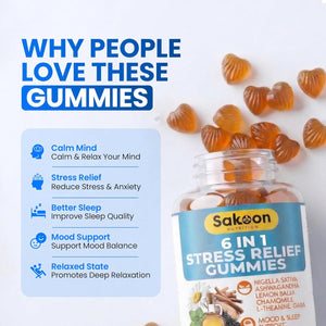 6-In-1 Stress Relief Gummies 60Ct - Aids Relaxation with Ashwagandha, GABA, L-Theanine, Lemon Balm, Chamomile, Black Cumin Seed Nigella Sativa. Improved Deep Sleep, Joint Support - 60 Gummies
