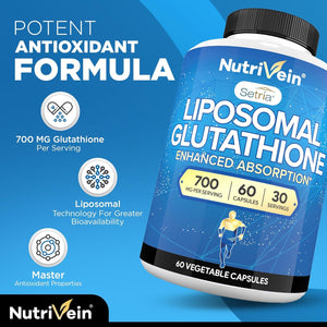 Nutrivein Premium Liposomal Glutathione Supplement 700 Mg - 60 Caps - Pure Reduced Glutathione Setria - Master Antioxidant - Cell Protection, Cleansing, Liver, Brain, Vitality, and Defenses