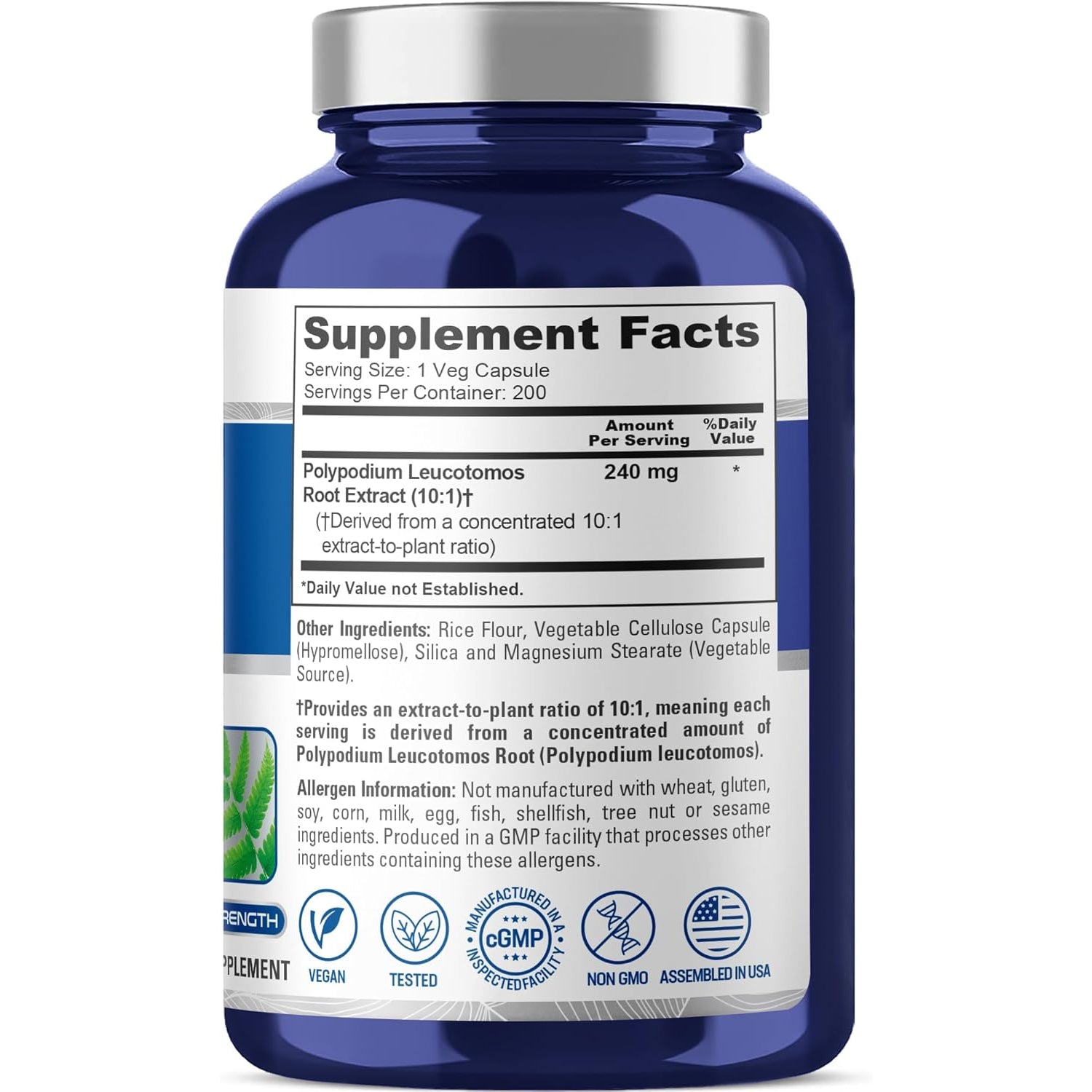 Nusapure Polypodium Leucotomos Capsules, 240 Mg, 200 Veg Capsules (Non-Gmo, Vegan)