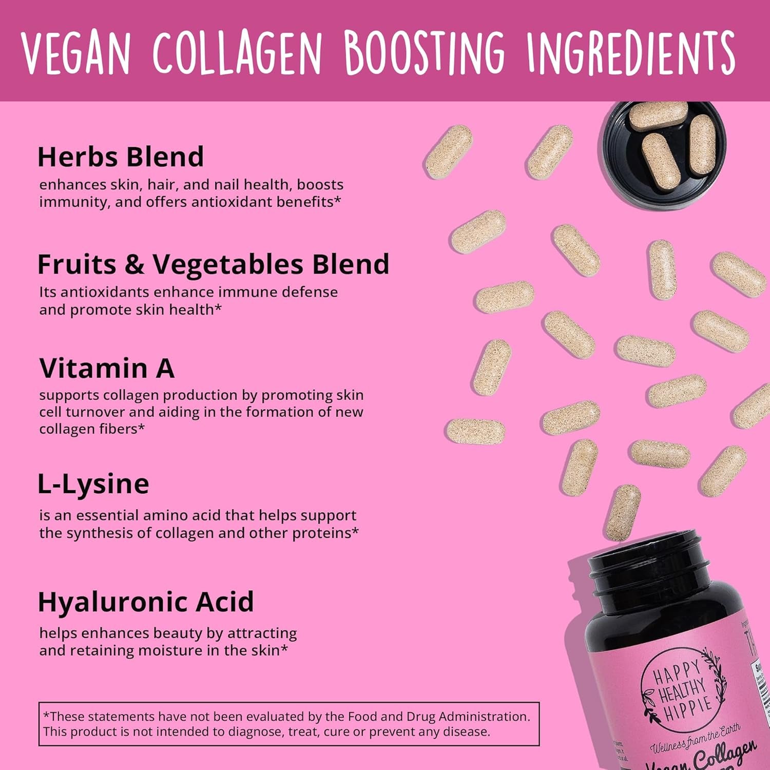 Vegan Collagen Booster - Plant-Based Supplement for Hair, Skin, Nails + Connective Tissue - Hyaluronic Acid, L-Lysine, Gotu Kola - Vegetarian Collagen Builder - Non-Gmo, Vegan, Gluten-Free, 60 Ct