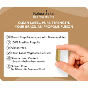 Naturanectar - Bee Propolis Trio Capsules, NSF Certified Premium Brazilian Propolis - Gluten-Free Supplements with More Diverse Flavonoids & PWE - Naturally Sourced through Ethical Beekeeping (60Pcs.)