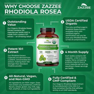 Zazzee USDA Organic Rhodiola 10:1 Extract, 120 Capsules, 4 Month Supply, Rhodiola Rosea, Energy, Stress & Mental Focus Support, Concentrated 10X Extract, All-Natural, Non-Gmo, Made in the USA