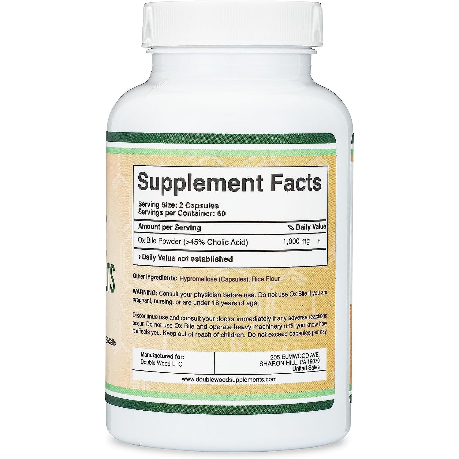 Ox Bile Supplement for No Gallbladder (1,000Mg per Serving, 500Mg per Capsule, 120 Capsules) Standardized to 45% Cholic Acid Bile Salts to Help Address Bile Salt Deficiencies by Double Wood