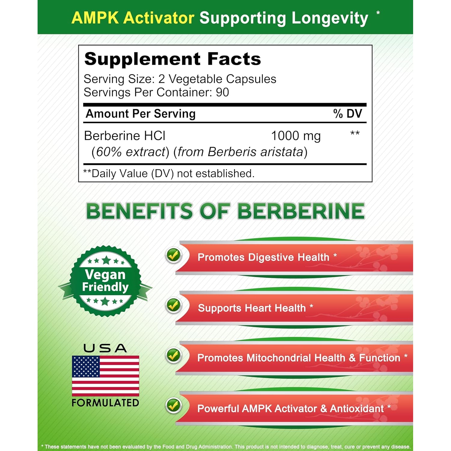 Asquared Nutrition Pure Berberine 1000Mg Supplement - 180 Veggie Capsules, Natural Berberine Hydrochloride HCL Plus, Max Strength 1000 Mg (2X 500Mg), Potent Berberine Vegan Extract