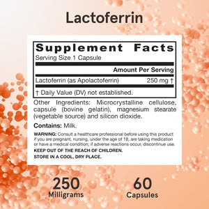 Jarrow Formulas Lactoferrin Supplements 250 Mg - Immune-Supporting Glycoprotein for Healthy Immune System Support & Iron Absorption - Freeze Dried, Gluten Free, Non-Gmo - 60 Capsules (Servings)