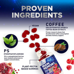 Brain Supplements for Memory & Focus Gummies - Brain Health Clarity with B6 B12 & Phosphatidylserine - Natural Nootropics Cognitive Concentration & Alertness Support Vitamins - 60 Vegan Gummies