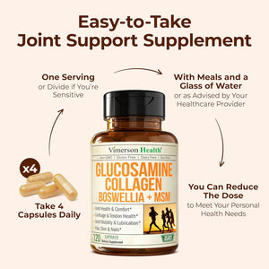 Glucosamine Chondroitin with 1200Mg Hydrolyzed Collagen Peptides, Boswellia Extract, Quercetin, Bromelain, MSM – Hair Skin Nails and Joint Supplement for Women & Men – FSA Eligible 120 Capsules