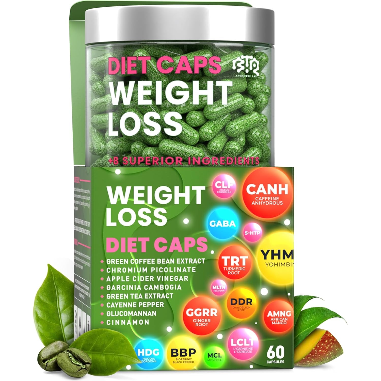 BIOTEQUELAB Weight Loss Diet Capsules, Natural Appetite Suppressant, Day & Night Fat Burner for Women & Men with Apple Cider, Green Coffee Bean Extract, Metabolism Booster Supplement - 60 Pills