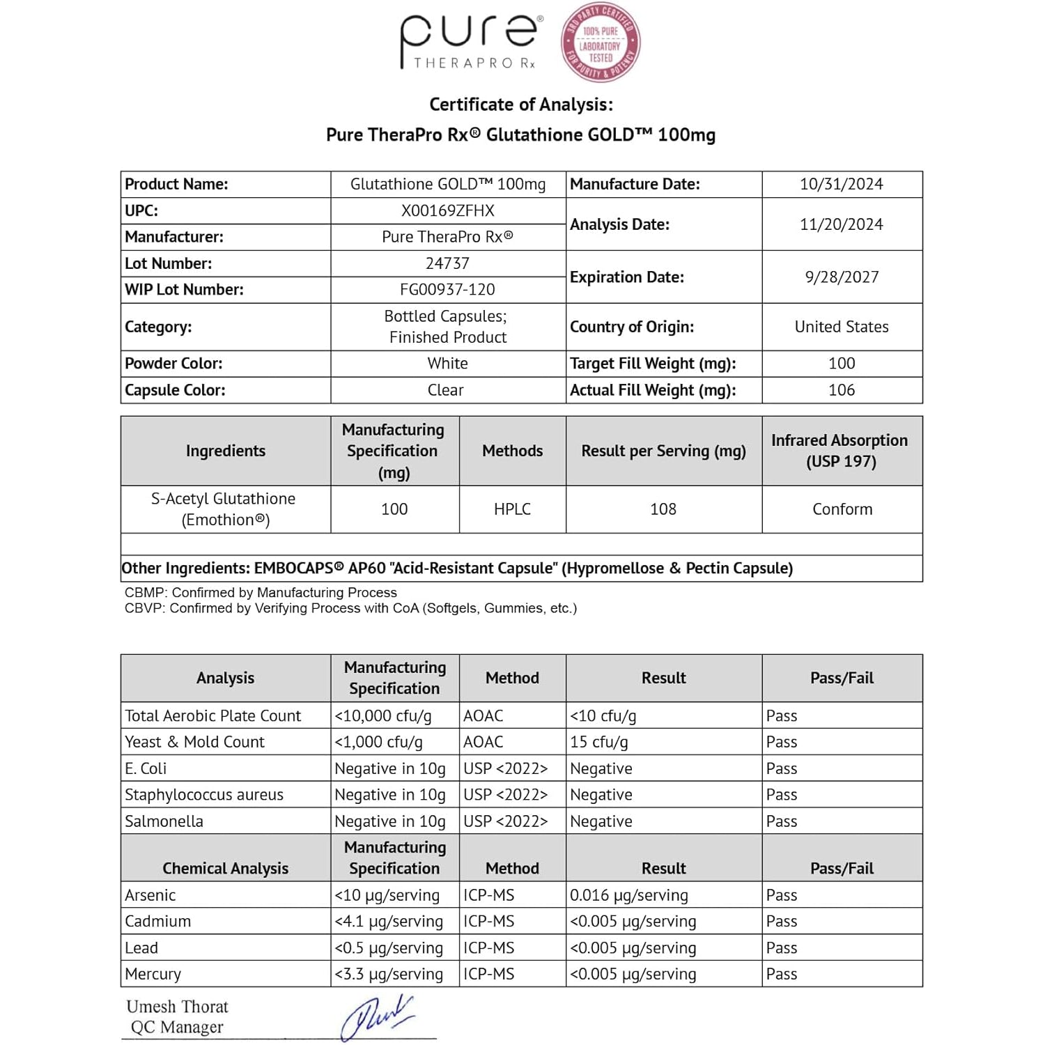 Pure Therapro Rx S-Acetyl Glutathione Gold 100Mg, Made in USA - 4 Month Supply | Acid Resistant Capsules | Patented Acetylated Form of Glutathione | Zero Fillers, Pharmaceutical Grade, Non GMO