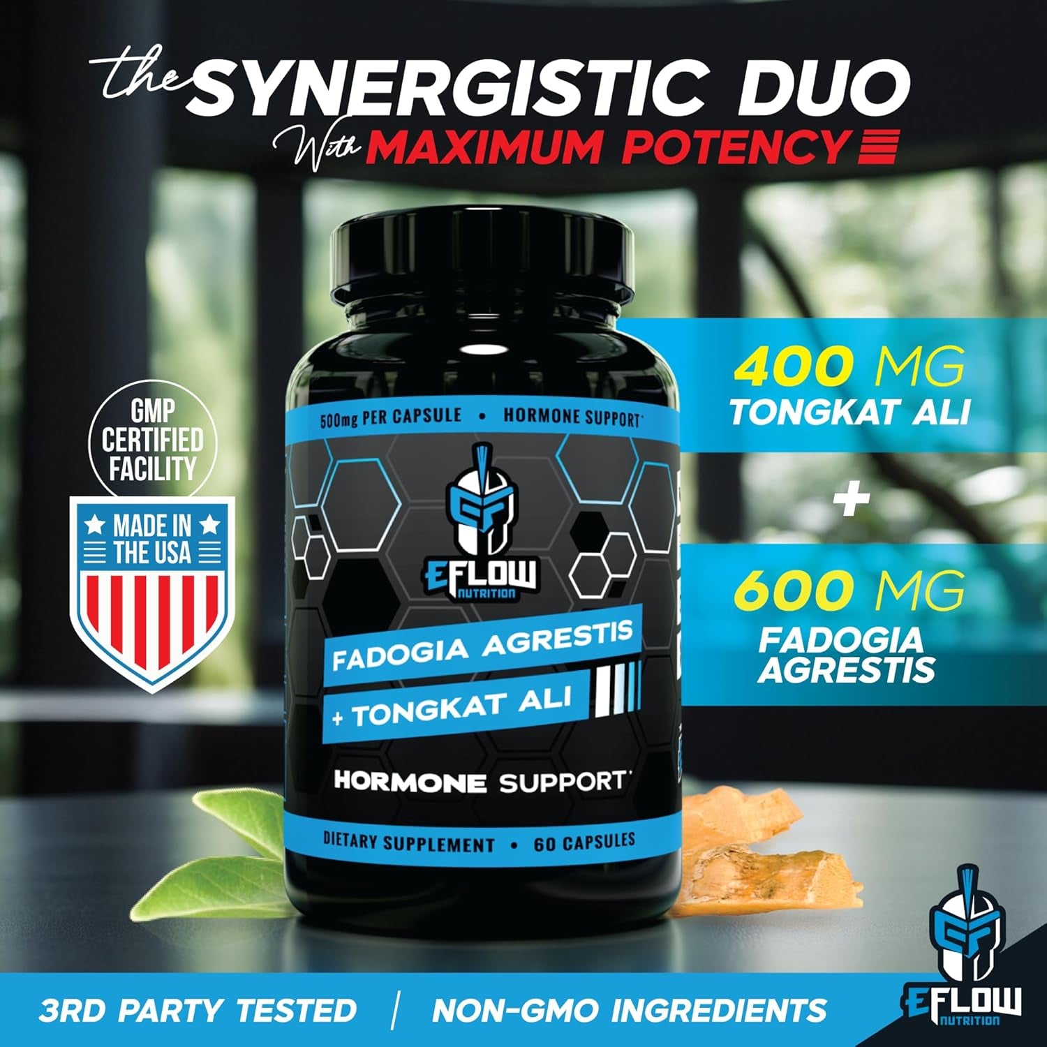 Eflow Nutrition Fadogia Agrestis + Tongkat Ali - [2-In-1] Natural Performance Supplement for Health and Wellness - Hormone, Energy, & Mood Support - Extract Powder (60 Capsules)