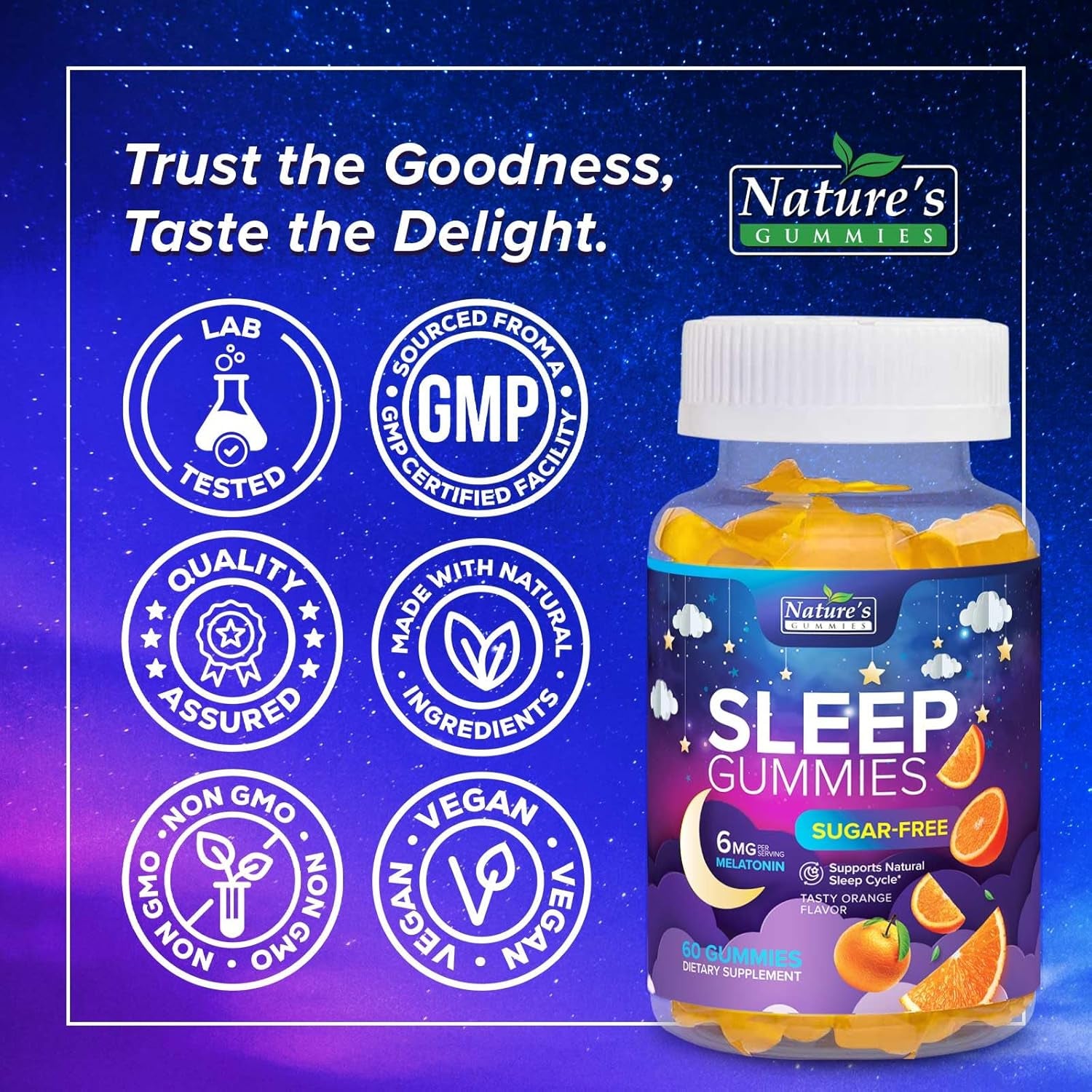 Sleep Gummies for Adults - Sugar Free Melatonin 6 MG per Serving Gummy Supplement - Natural Zero Sugar Sleeping Gummy for Adults & Kids, Orange Flavored, Extra Strength Sleep Support - 60 Gummies