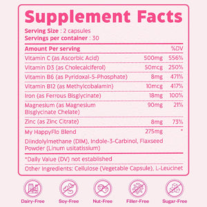 My Happy Flo Period Relief Supplement – Cramp Relief, Heavy Periods & Irregular Period Support, Bloating & Fibroid, Gentle Iron, DIM, Magnesium, Vitamin D3, Plant-Based PMS & Hormone Support | 60 Caps