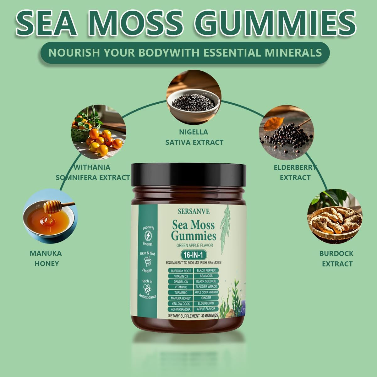 Sea Moss Gummies 16-In-1, with Black Seed Oil, Ashwagandha & Elderberry | Organic Irish Sea Moss Supplement for Men & Women | Daily Support with Manuka, Burdock Root & Vitamins C & D3, 30 Gummies